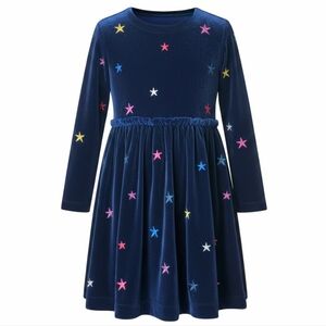 Joules Hampton Luxe Navy Velvet Embroidered Multi-Star Twirl Dress 6 / 6Y